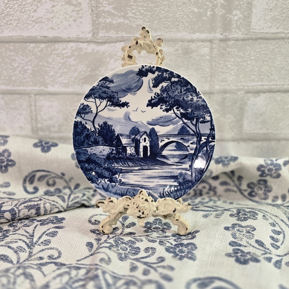 Country Heritage Blue & White Porcelain 6" Dessert Plates Set of 4 Cottage Farm - Picture 5 of 8